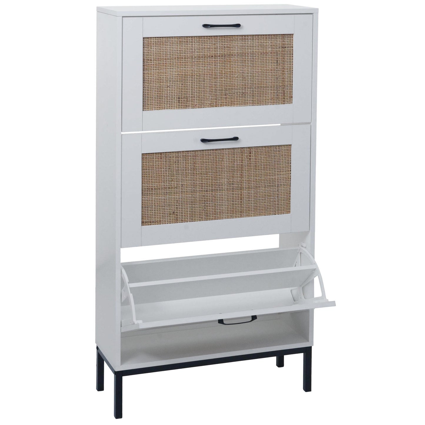 Cosmo Casa - Schoenenkast - 3 Vakken - Rotan Front - Melamine - 126x63x24cm - Wit