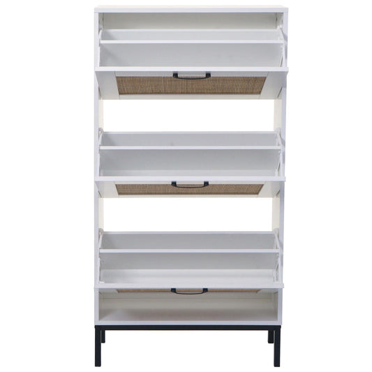 Cosmo Casa - Schoenenkast - 3 Vakken - Rotan Front - Melamine - 126x63x24cm - Wit