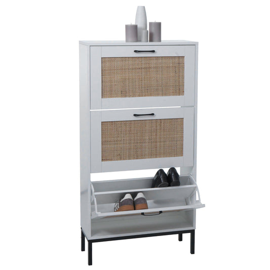 Cosmo Casa - Schoenenkast - 3 Vakken - Rotan Front - Melamine - 126x63x24cm - Wit