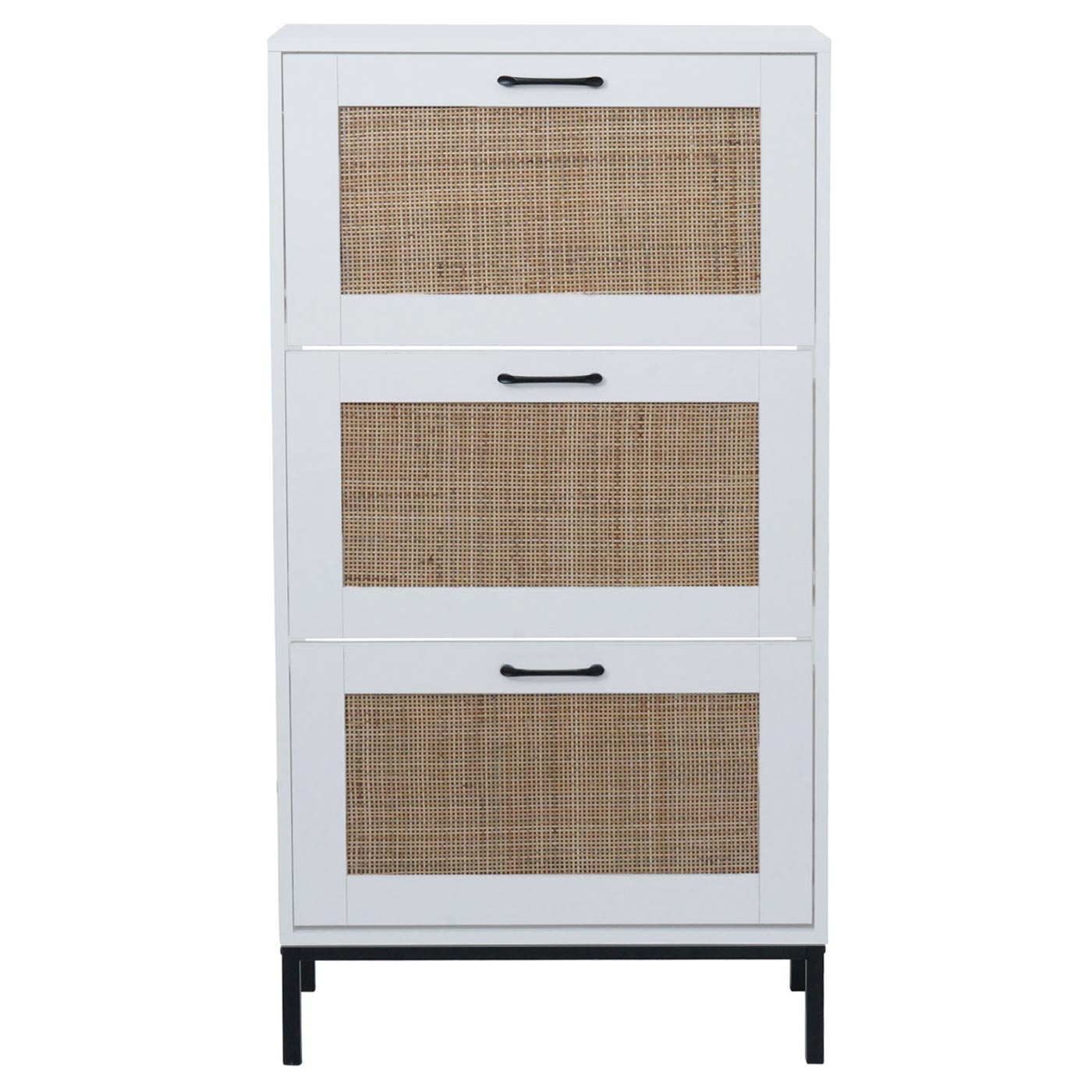 Cosmo Casa - Schoenenkast - 3 Vakken - Rotan Front - Melamine - 126x63x24cm - Wit