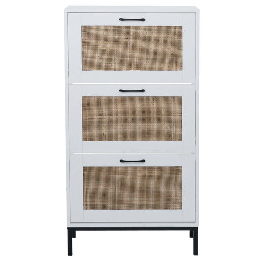 Cosmo Casa - Schoenenkast - 3 Vakken - Rotan Front - Melamine - 126x63x24cm - Wit