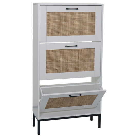 Cosmo Casa - Schoenenkast - 3 Vakken - Rotan Front - Melamine - 126x63x24cm - Wit