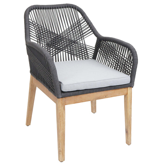 Cosmo Casa - Buitenfauteuil - Weerbestendig Touwgaas - Acaciahout - Donkergrijs Kussen - Lichtgrijs Frame