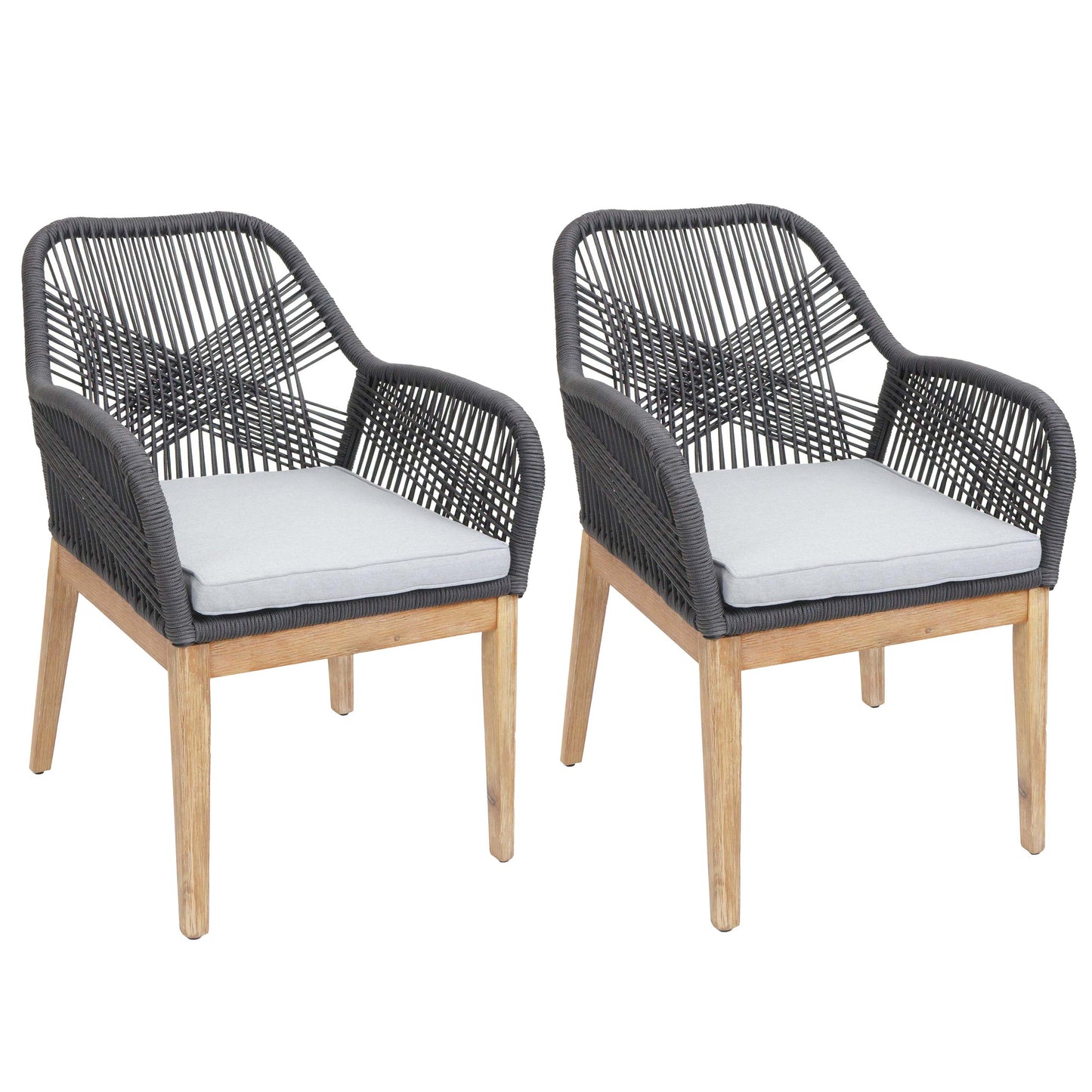Cosmo Casa - Set van 2 Buitenfauteuils - Weerbestendig Touwgaas - Acaciahout - Donkergrijze Kussens - Lichtgrijs Frame