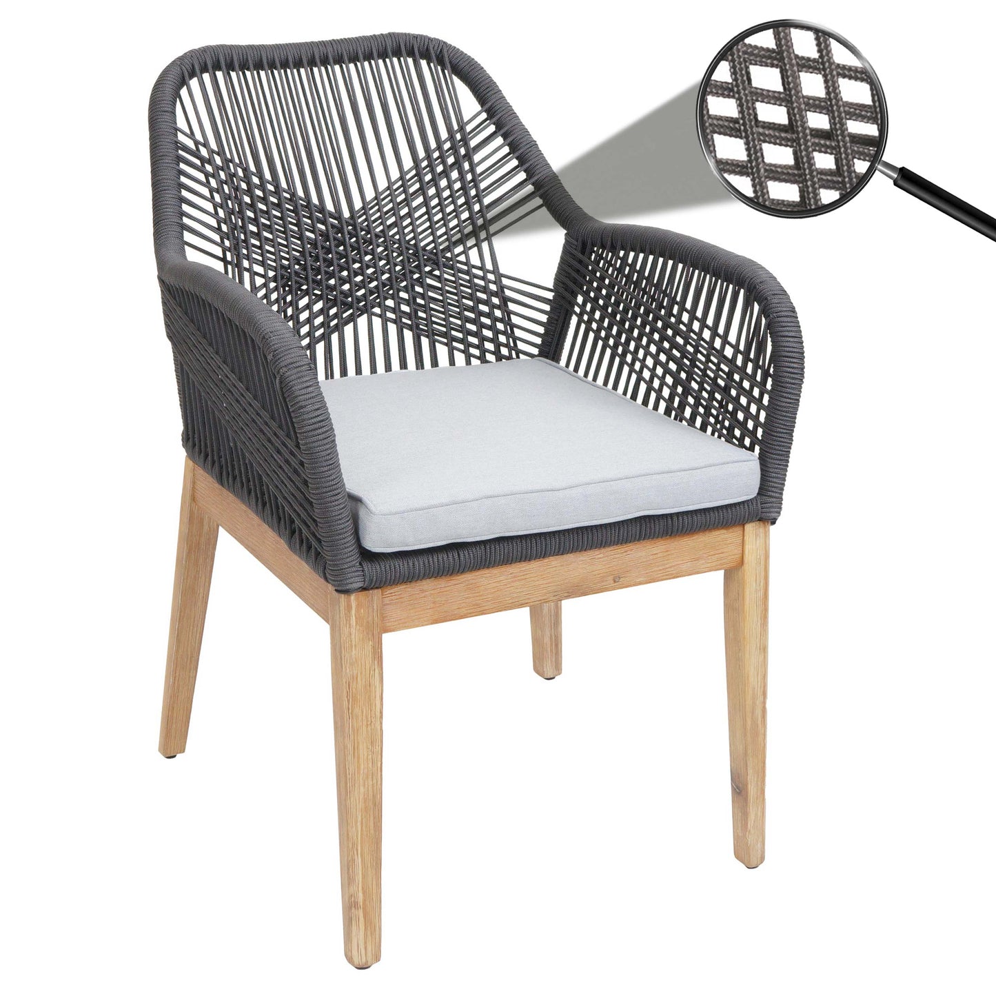 Cosmo Casa - Buitenfauteuil - Weerbestendig Touwgaas - Acaciahout - Donkergrijs Kussen - Lichtgrijs Frame