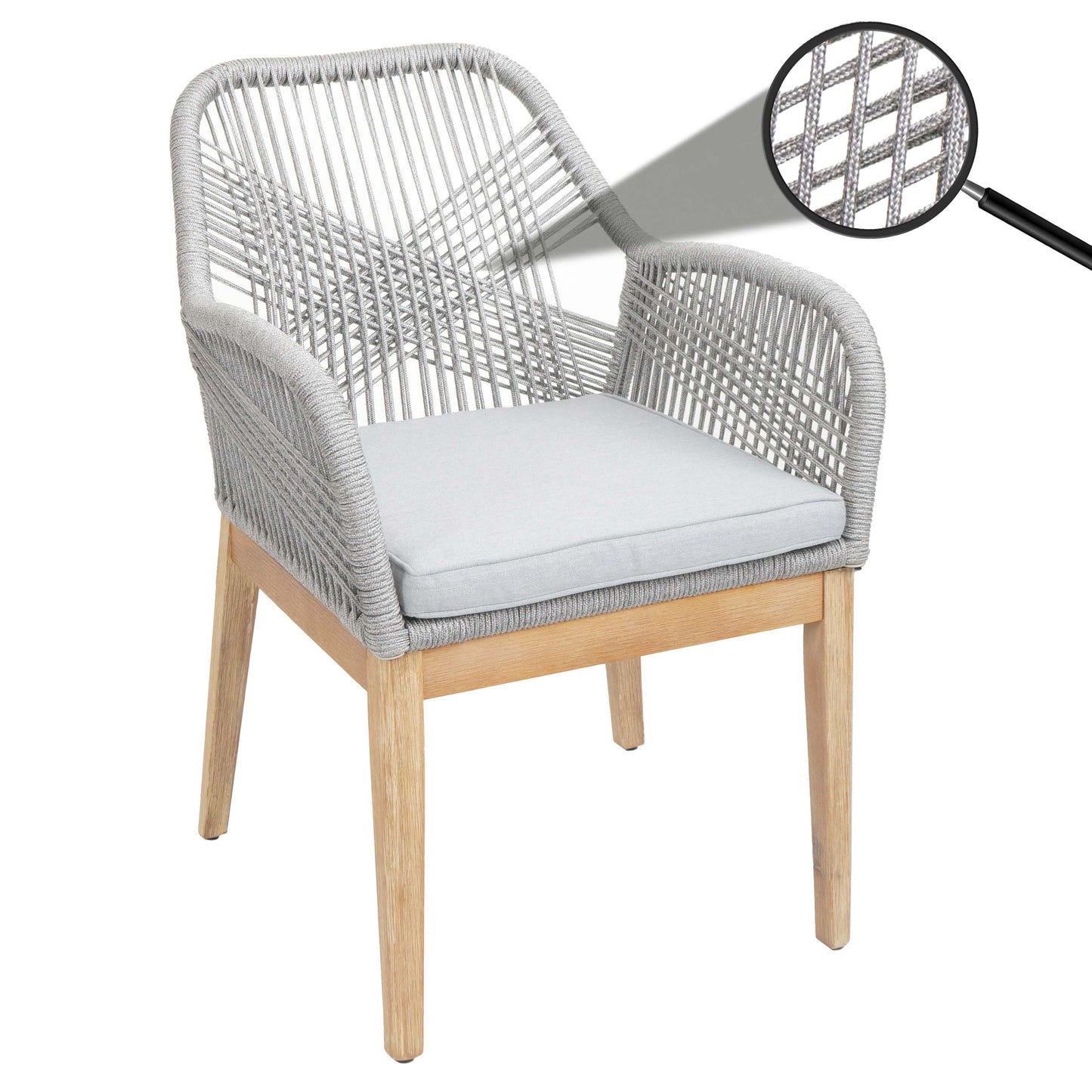 Cosmo Casa - Buitenfauteuil - Weerbestendig Touwgaas - Acaciahout - Lichtgrijs Kussen - Lichtgrijs Frame