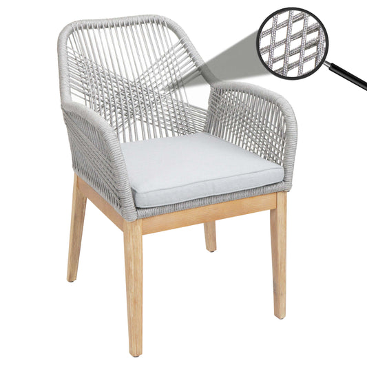 Cosmo Casa - Buitenfauteuil - Weerbestendig Touwgaas - Acaciahout - Lichtgrijs Kussen - Lichtgrijs Frame