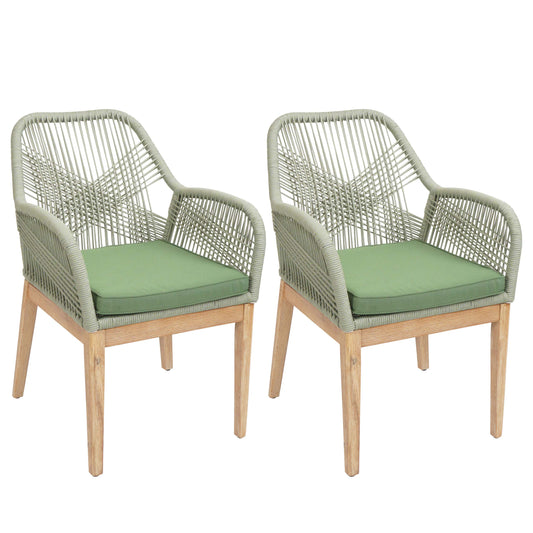 Cosmo Casa - Set van 2 Buitenfauteuils - Weerbestendig Touwgaas - Acaciahout - Groene Kussens - Groen Frame