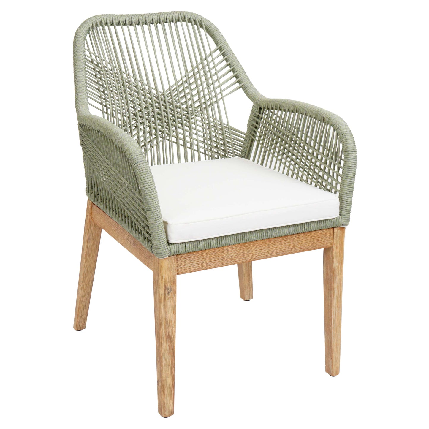 Cosmo Casa - Buitenfauteuil - Weerbestendig Touwgaas - Acaciahout - Crème Kussen - Groen Frame