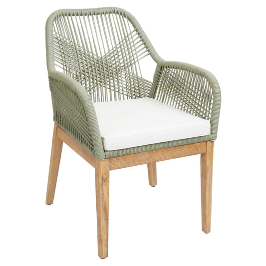Cosmo Casa - Buitenfauteuil - Weerbestendig Touwgaas - Acaciahout - Crème Kussen - Groen Frame