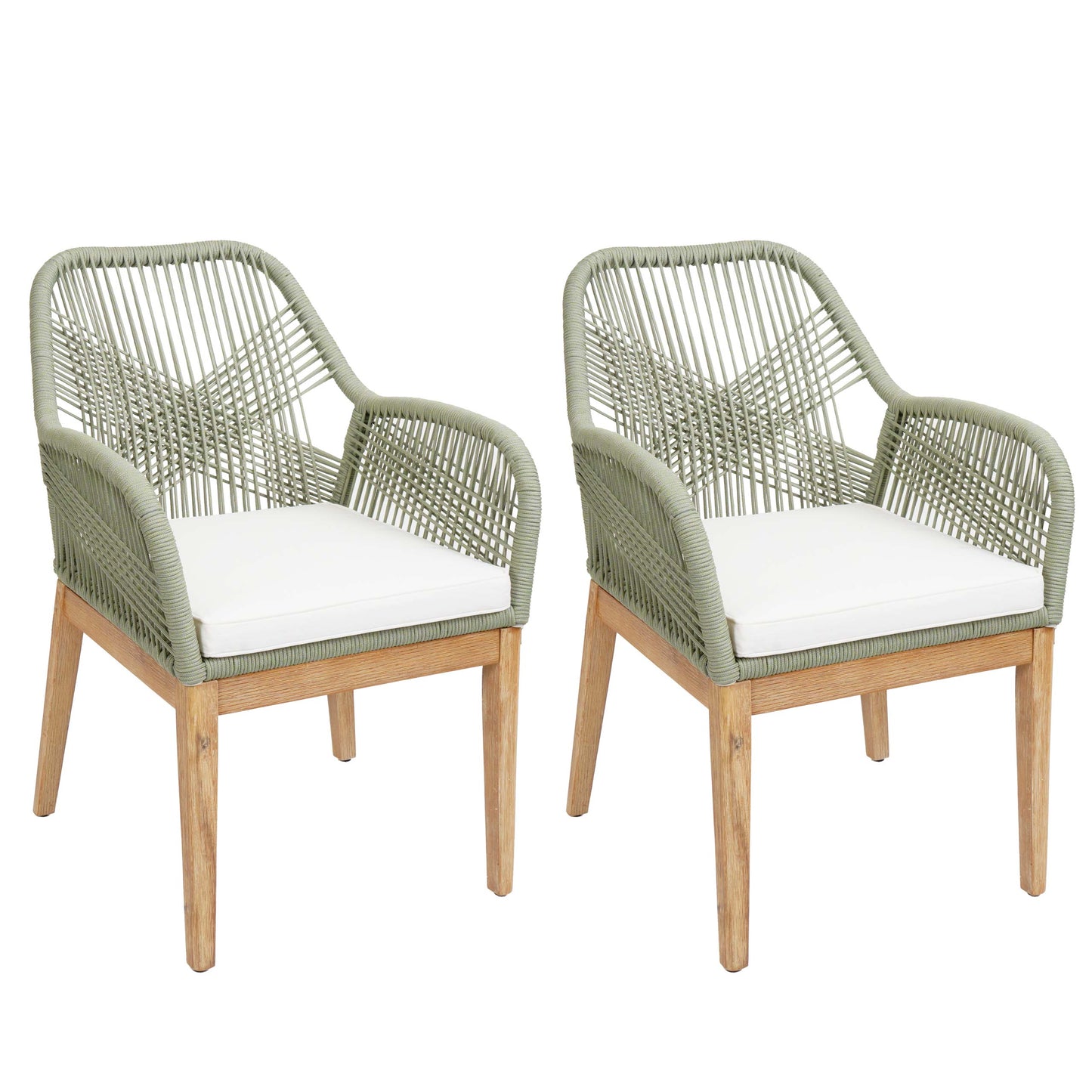 Cosmo Casa - Set van 2 Buitenfauteuils - Weerbestendig Touwgaas - Acaciahout - Crème Kussens - Groen Frame