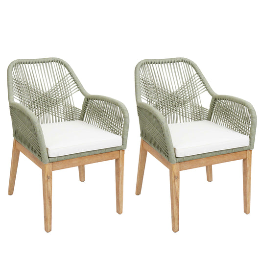 Cosmo Casa - Set van 2 Buitenfauteuils - Weerbestendig Touwgaas - Acaciahout - Crème Kussens - Groen Frame