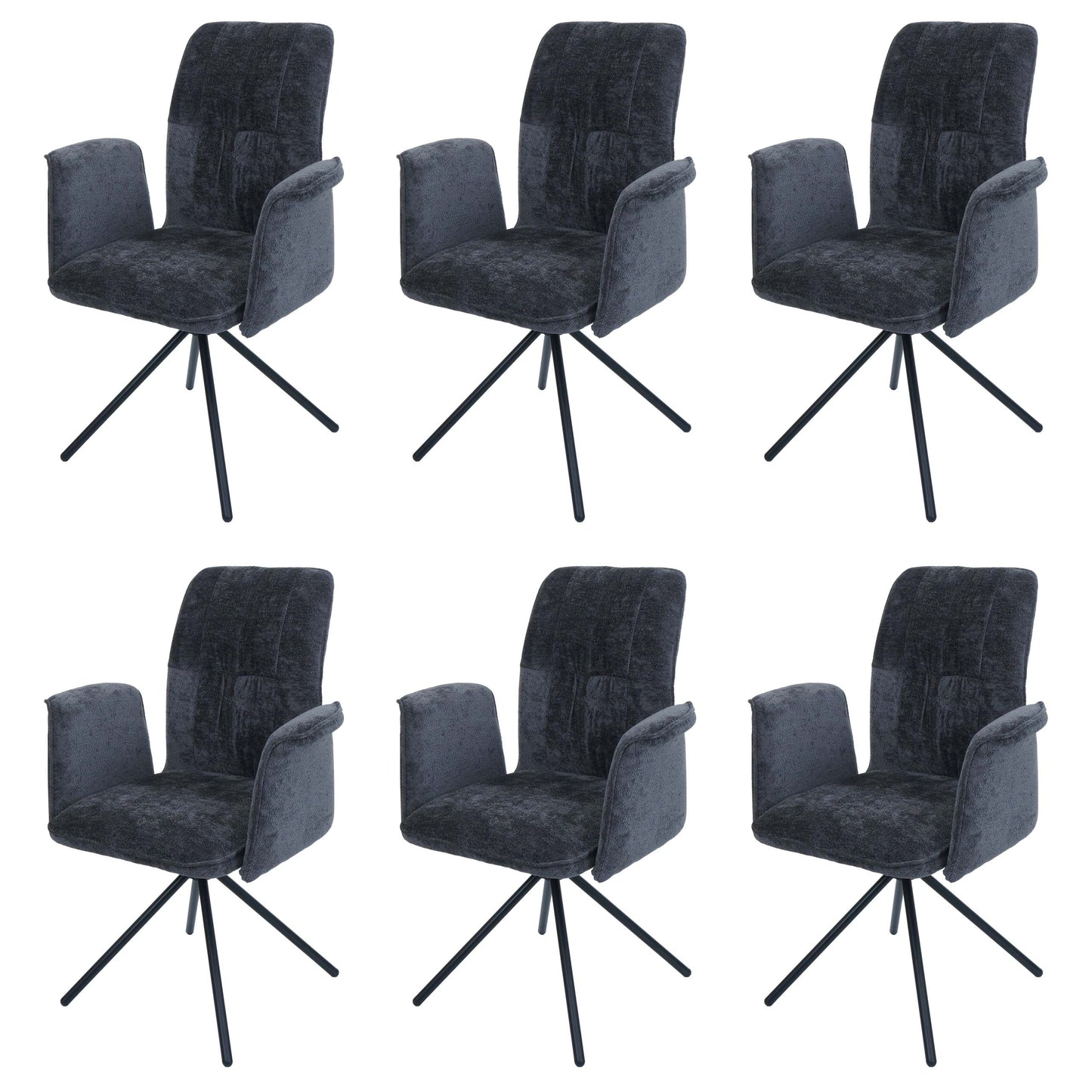 Cosmo Casa - Set van 6 Eetkamerstoelen - Roterende Armleuning met Auto-Return - Chenille Textiel - Donkergrijs
