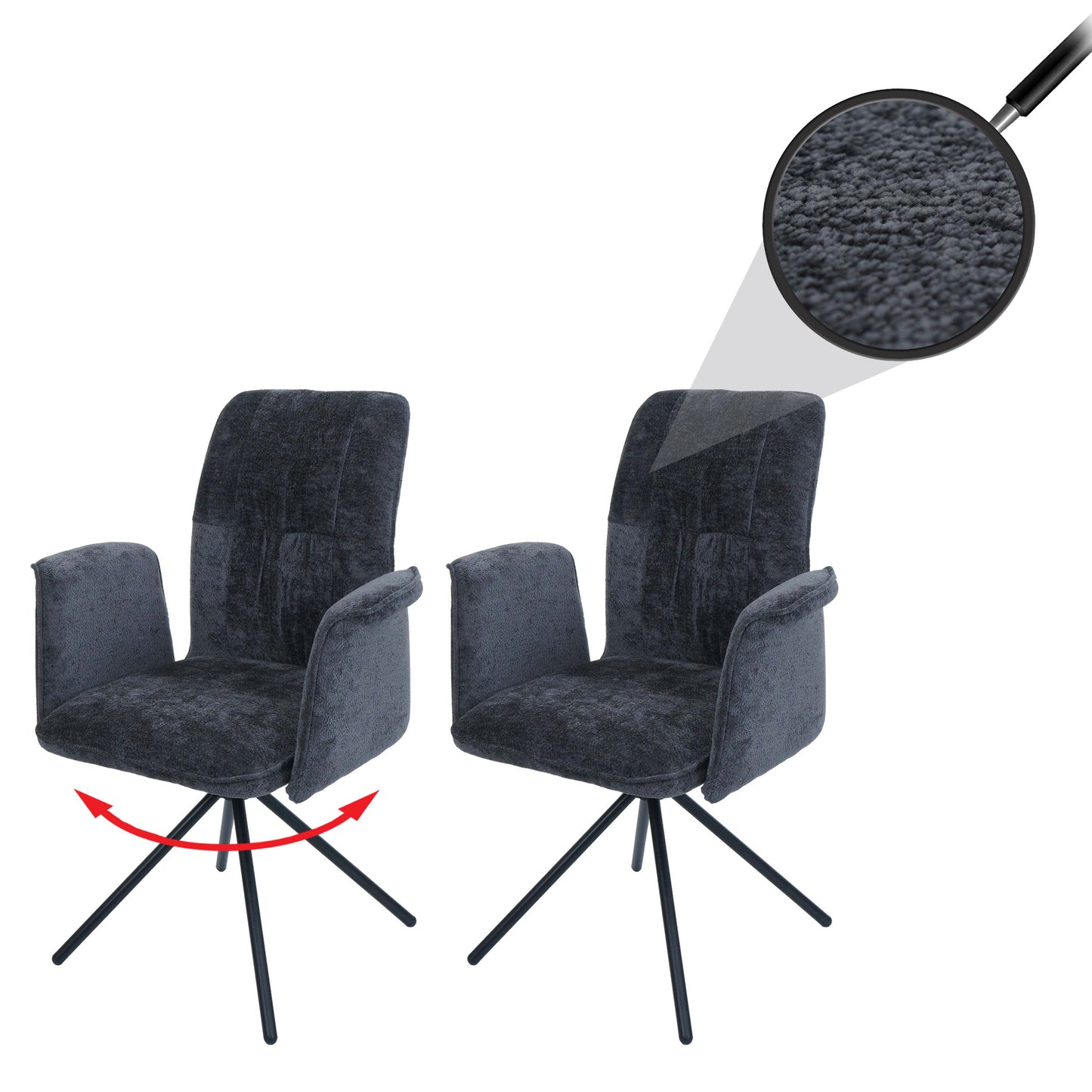 Cosmo Casa - Set van 2 Eetkamerstoelen - Roterende Armleuning met Auto-Return - Chenille Textiel - Donkergrijs