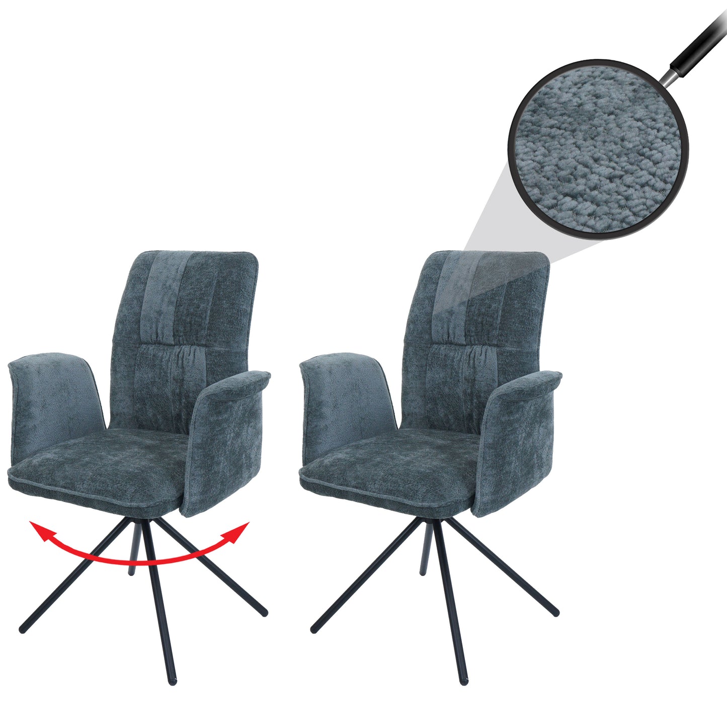 Cosmo Casa - Set van 2 Eetkamerstoelen - Roterende Armleuning met Auto-Return - Chenille Textiel - Blauwgroen