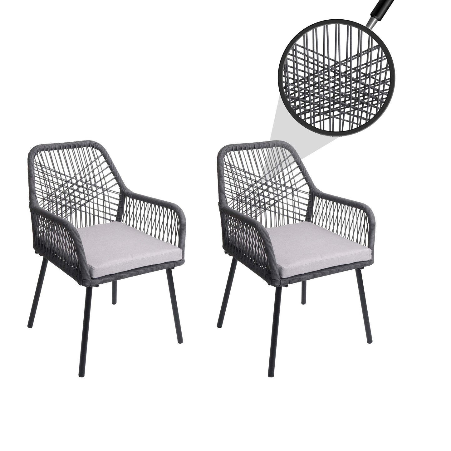 Cosmo Casa - Set van 2 Tuinstoelen - Zitkussens - Aluminium - Touwgaas - Antraciet - Lichtgrijze Bekleding