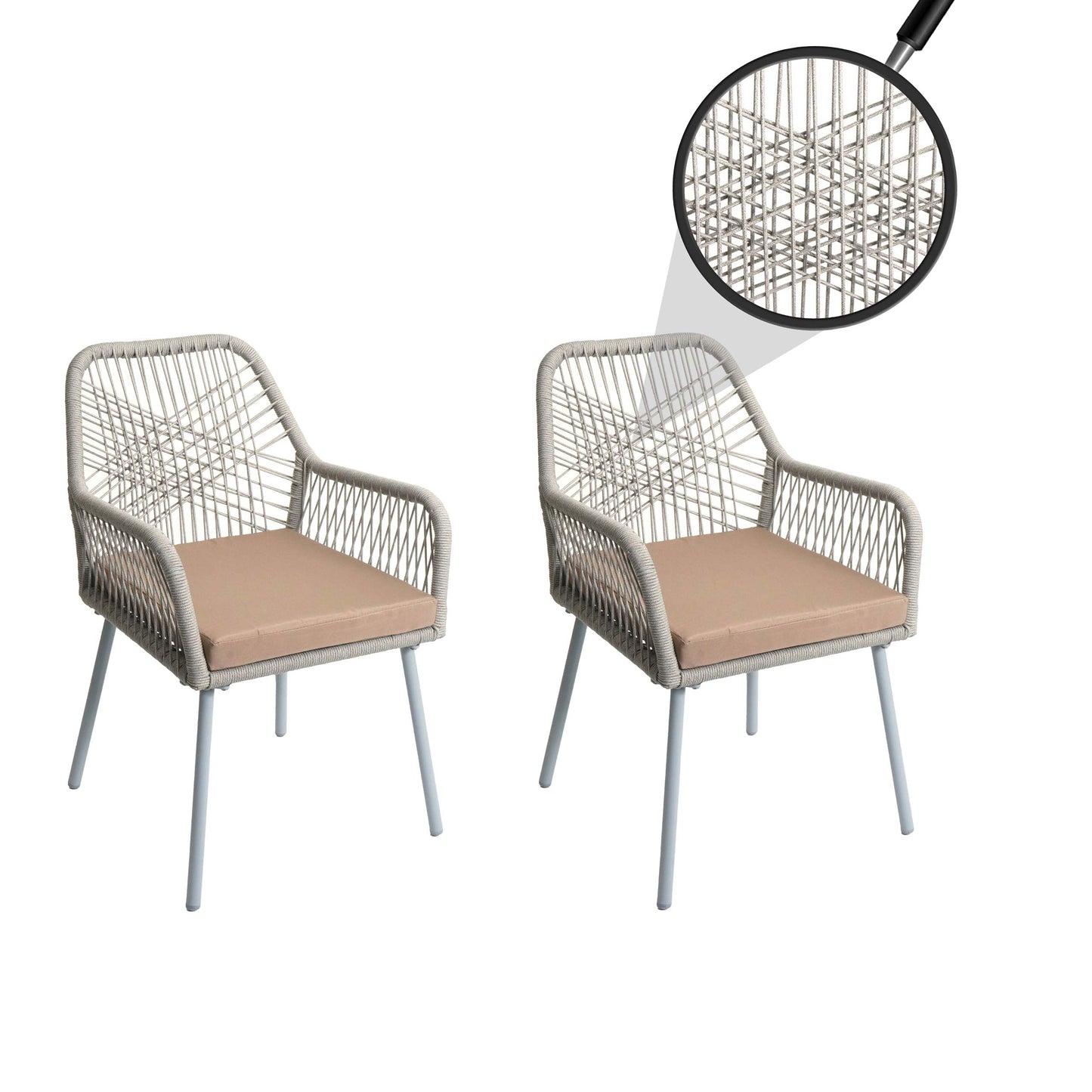Cosmo Casa - Set van 2 Tuinstoelen - Zitkussens - Aluminium - Touwgaas - Lichtgrijs - Taupe Bekleding