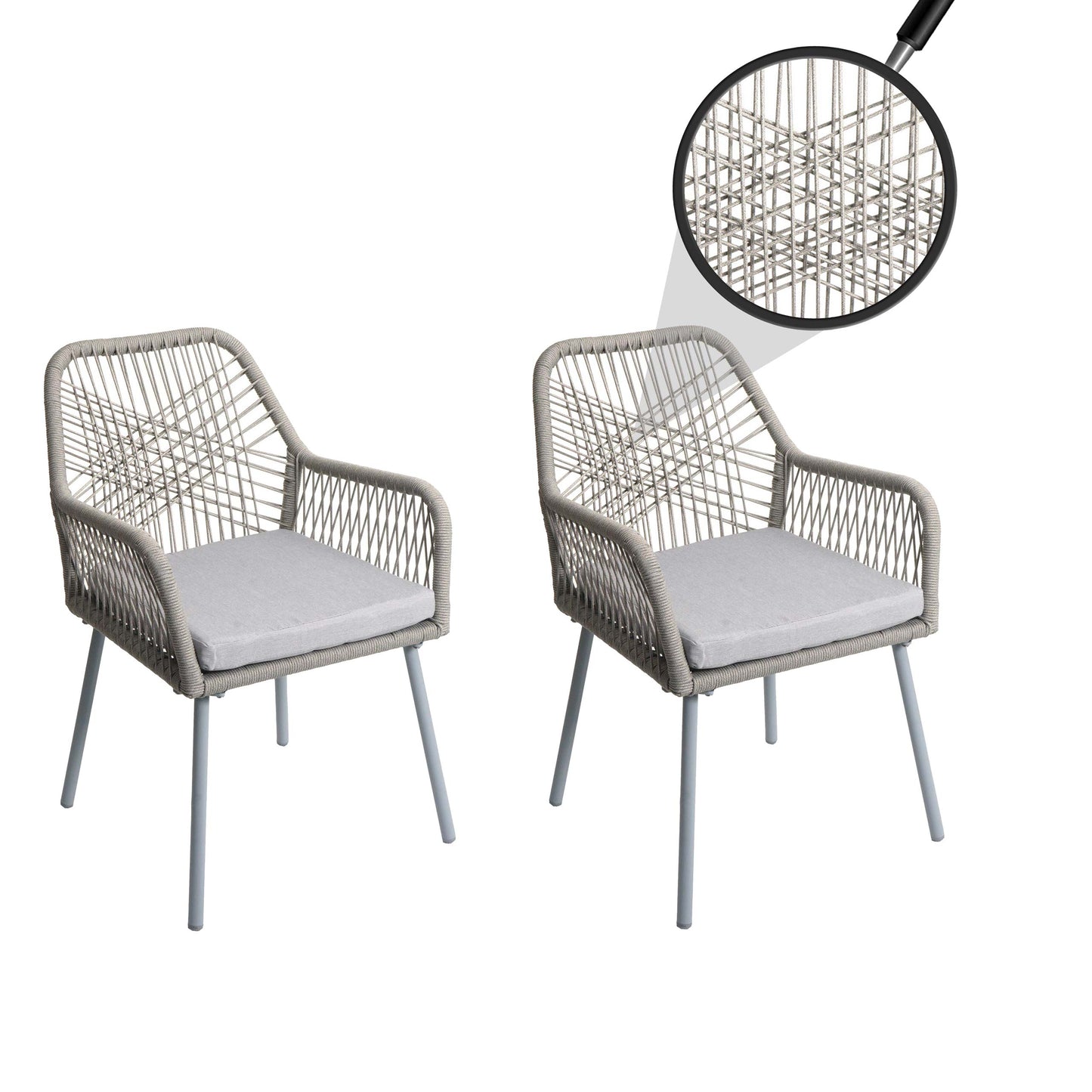 Cosmo Casa - Set van 2 Tuinstoelen - Zitbekleding - Aluminium - Touwgaas - Lichtgrijs - Lichtgrijze Bekleding