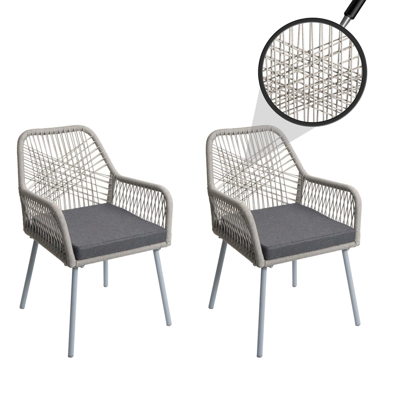 Cosmo Casa - Set van 2 Tuinstoelen - Zitbekleding - Aluminium - Touwgaas - Lichtgrijs - Donkergrijze Bekleding