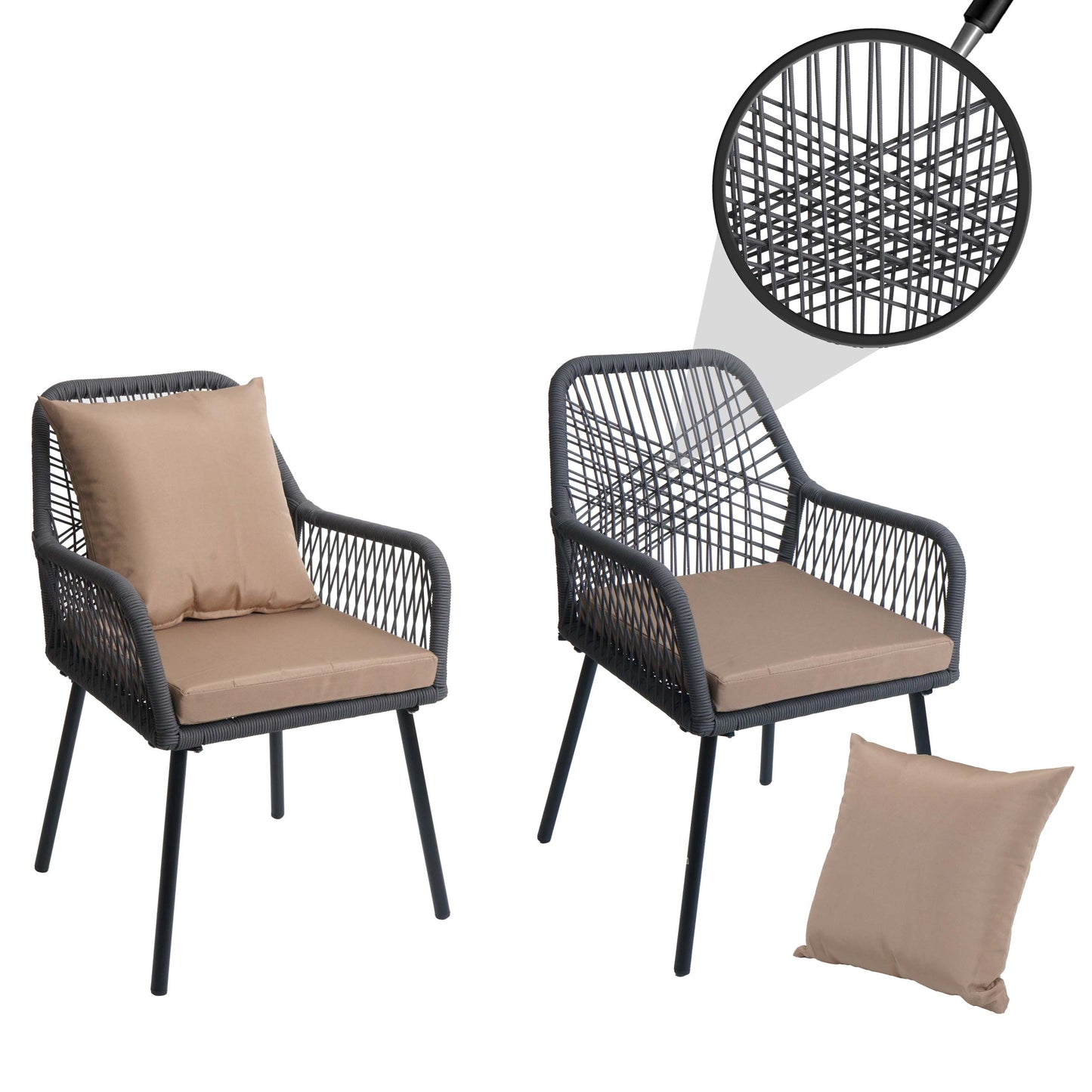 Cosmo Casa - Set van 2 Tuinstoelen - Zit- en Rugkussens - Aluminium - Touwgaas - Antraciet - Taupe Bekleding