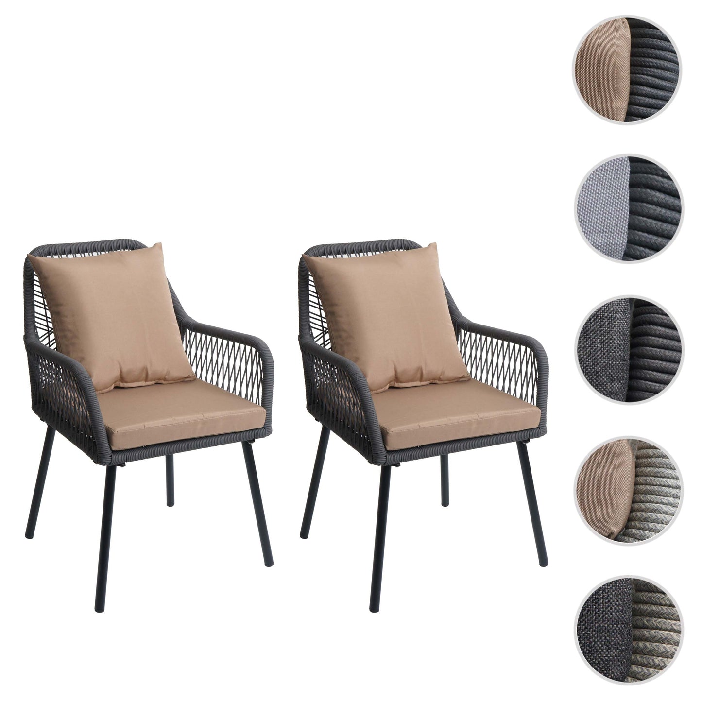 Cosmo Casa - Set van 2 Tuinstoelen - Zit- en Rugkussens - Aluminium - Touwgaas - Antraciet - Taupe Bekleding
