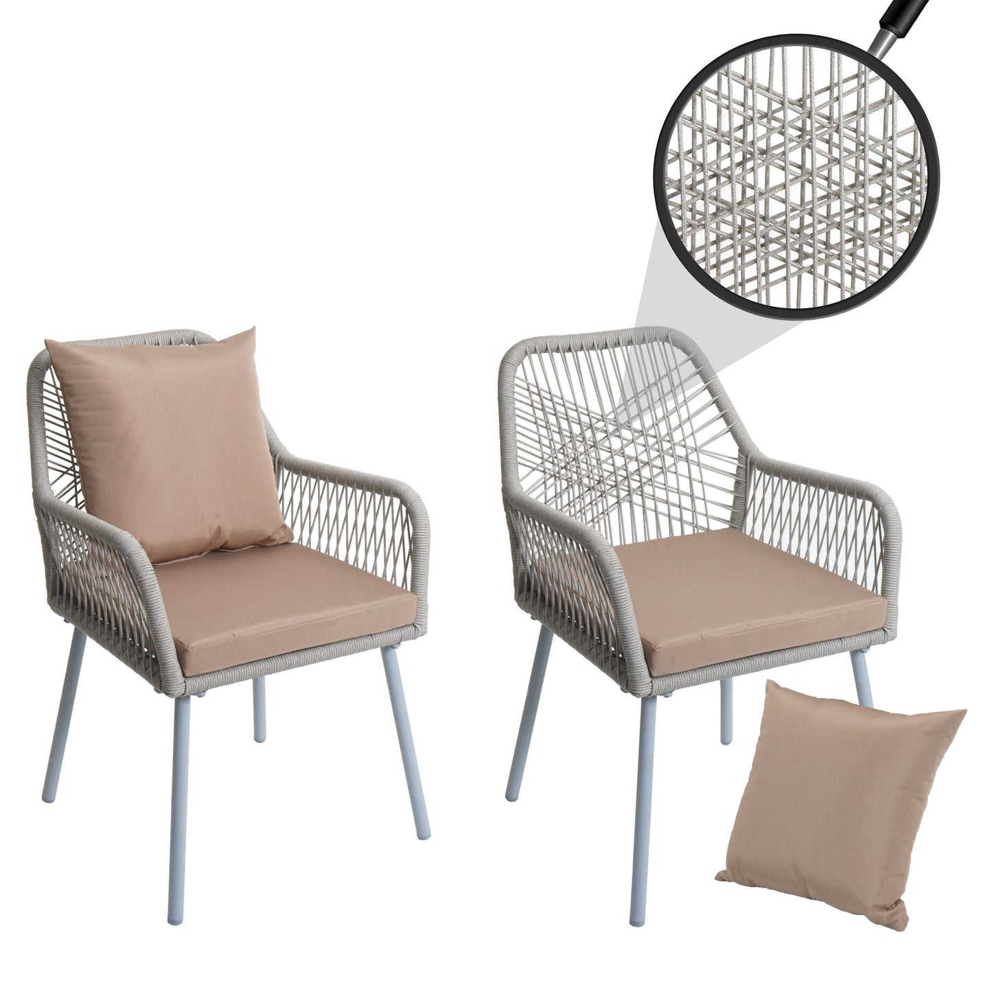 Cosmo Casa - Set van 2 Tuinstoelen - Zit- en Rugkussens - Aluminium - Touwgaas - Lichtgrijs - Taupe Bekleding