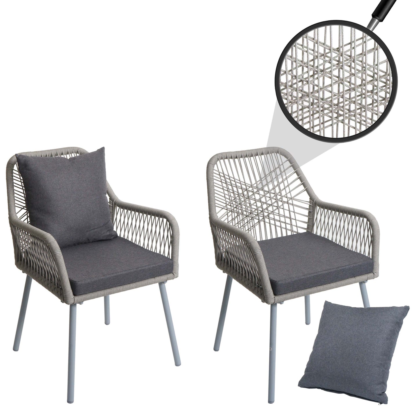 Cosmo Casa - Set van 2 Tuinstoelen - Zit en Rugleuning - Aluminium - Touwgaas - Lichtgrijs - Donkergrijze Bekleding