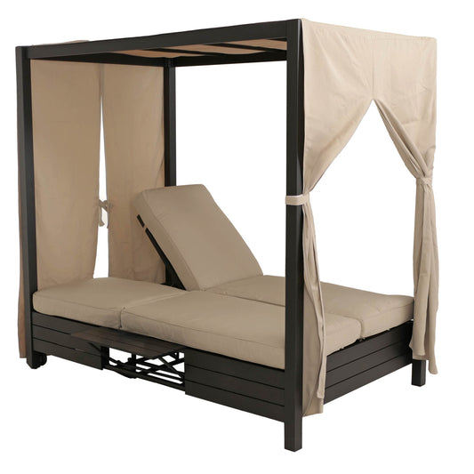 Cosmo Casa - XL Aluminium Tuinligstoel - Bali Stijl - Ko-Tex 10cm Kussen - 193x126x204cm - Zwart Frame - Crème Kussen