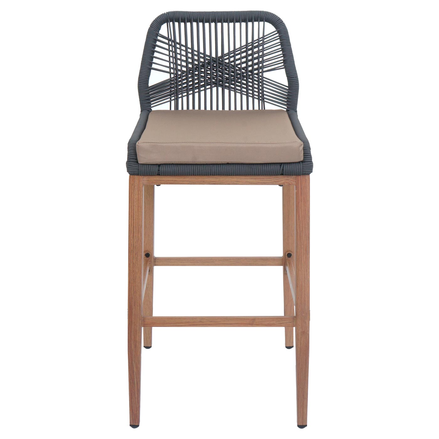 Cosmo Casa - Set van 2 Touw Barkrukken - Buitenzitkussens - Touwgaas - Metaal Houtlook - Antraciet - Taupe Kussens