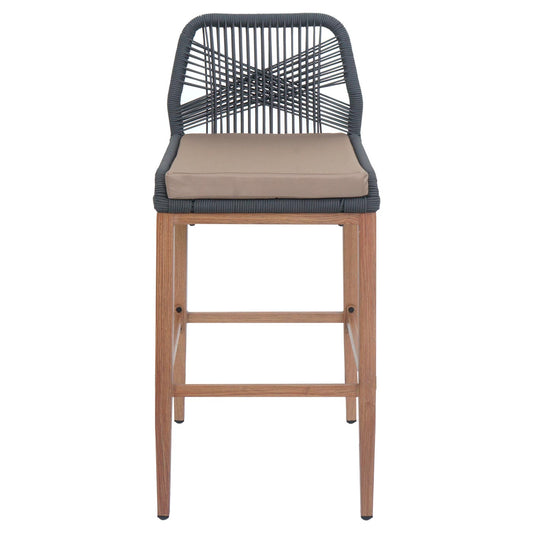 Cosmo Casa - Set van 2 Touw Barkrukken - Buitenzitkussens - Touwgaas - Metaal Houtlook - Antraciet - Taupe Kussens