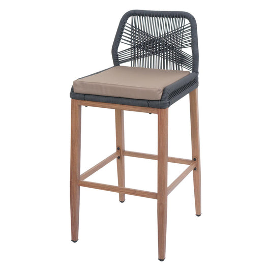 Cosmo Casa - Set van 2 Touw Barkrukken - Buitenzitkussens - Touwgaas - Metaal Houtlook - Antraciet - Taupe Kussens