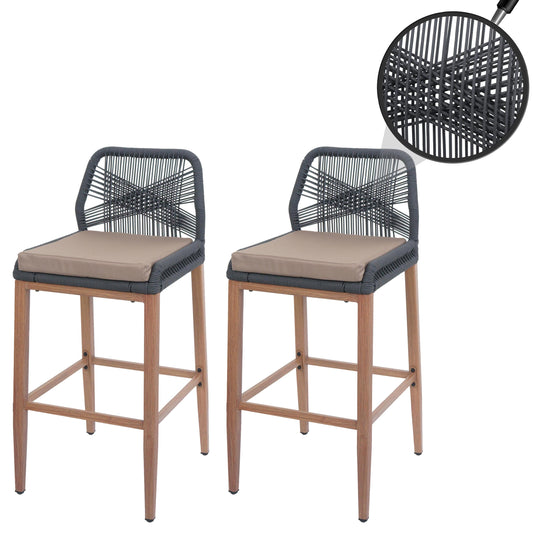 Cosmo Casa - Set van 2 Touw Barkrukken - Buitenzitkussens - Touwgaas - Metaal Houtlook - Antraciet - Taupe Kussens