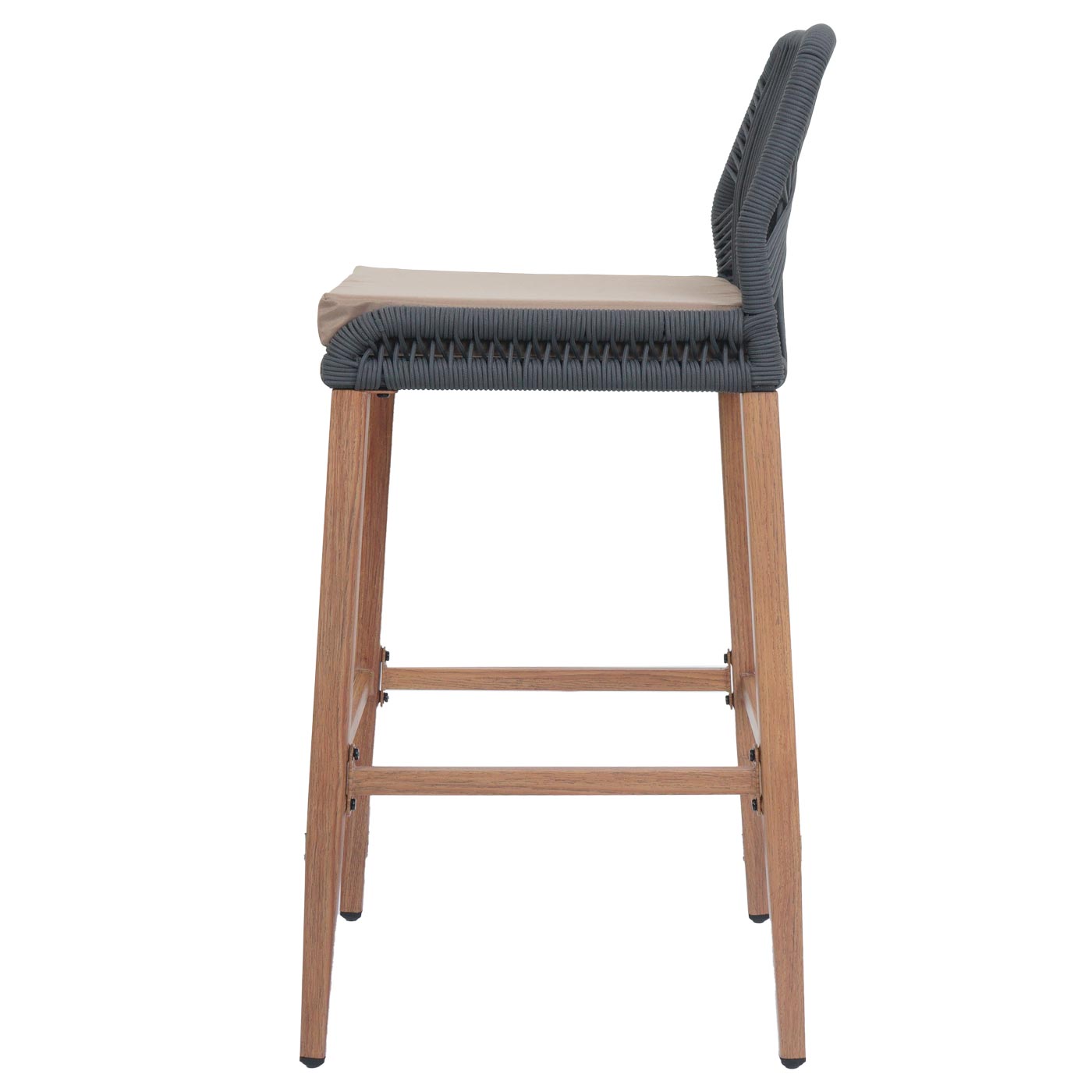 Cosmo Casa - Set van 2 Touw Barkrukken - Buitenzitkussens - Touwgaas - Metaal Houtlook - Antraciet - Taupe Kussens