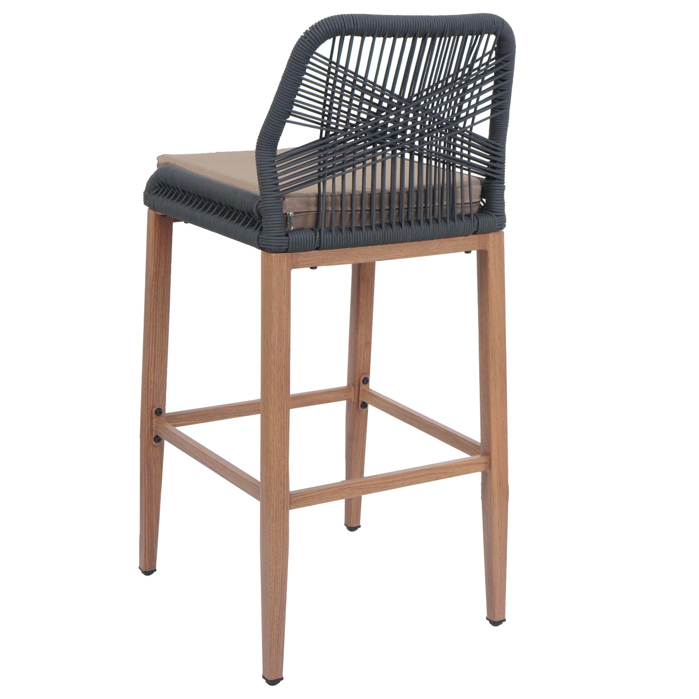 Cosmo Casa - Set van 2 Touw Barkrukken - Buitenzitkussens - Touwgaas - Metaal Houtlook - Antraciet - Taupe Kussens