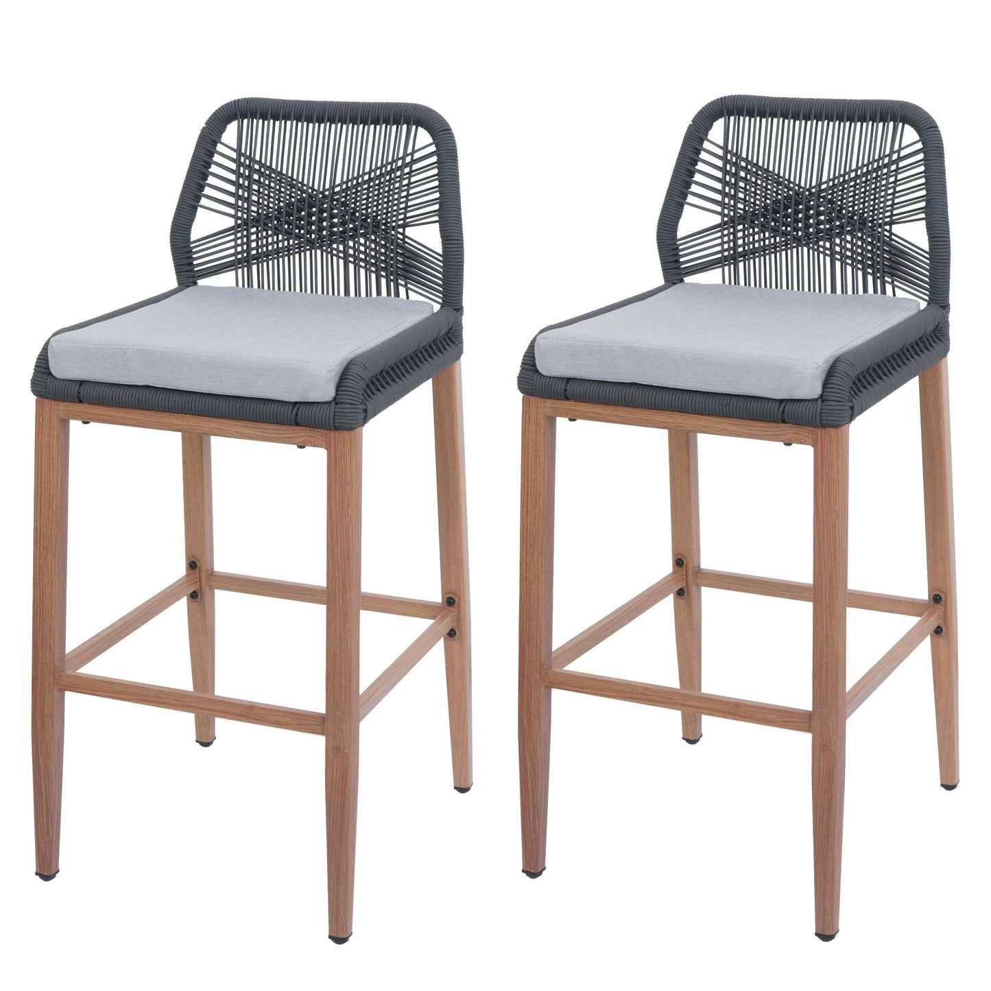 Cosmo Casa - Set van 2 Touw Barkrukken - Buitenzitkussens - Touwgaas - Metaal Houtlook - Antraciet - Lichtgrijze Kussens