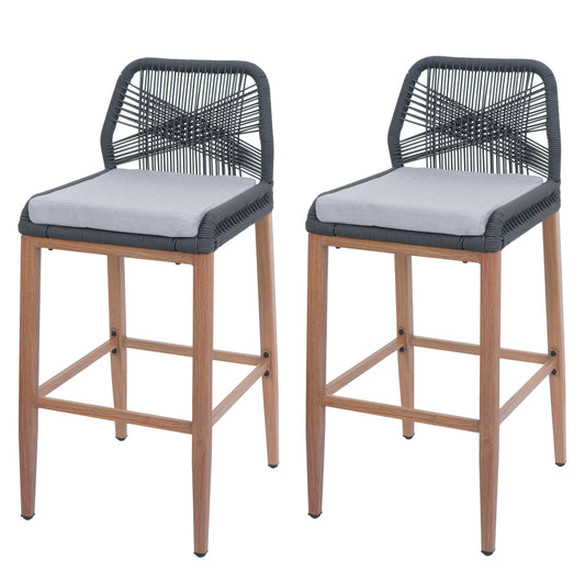 Cosmo Casa - Set van 2 Touw Barkrukken - Buitenzitkussens - Touwgaas - Metaal Houtlook - Antraciet - Lichtgrijze Kussens