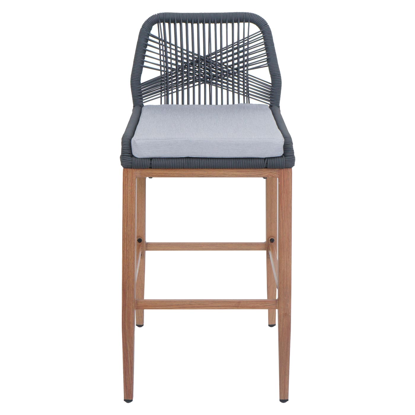 Cosmo Casa - Set van 2 Touw Barkrukken - Buitenzitkussens - Touwgaas - Metaal Houtlook - Antraciet - Lichtgrijze Kussens