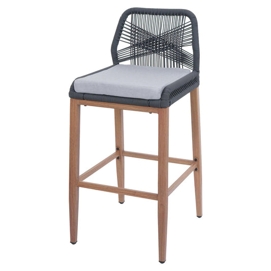 Cosmo Casa - Set van 2 Touw Barkrukken - Buitenzitkussens - Touwgaas - Metaal Houtlook - Antraciet - Lichtgrijze Kussens