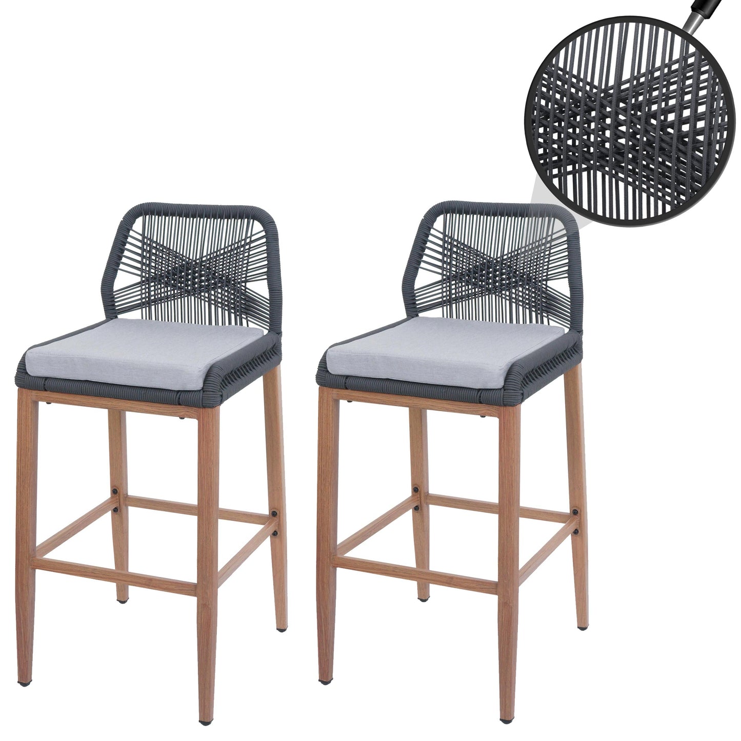 Cosmo Casa - Set van 2 Touw Barkrukken - Buitenzitkussens - Touwgaas - Metaal Houtlook - Antraciet - Lichtgrijze Kussens