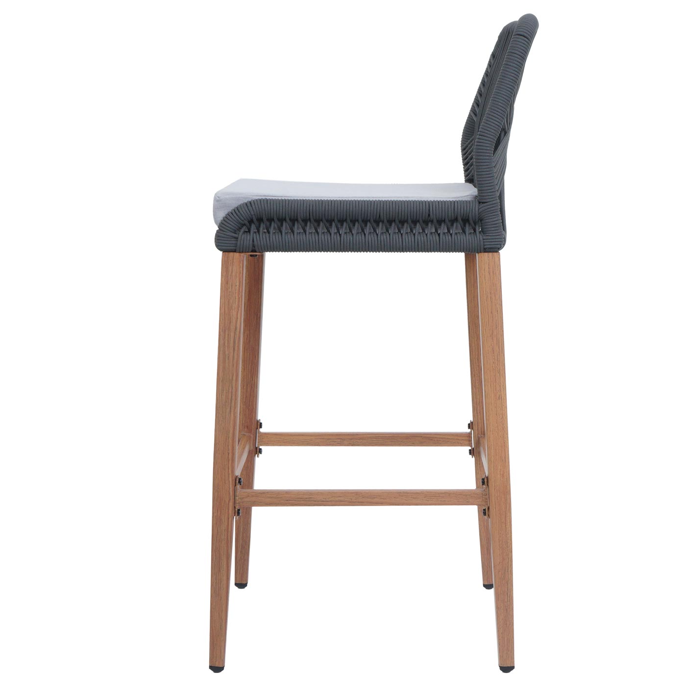 Cosmo Casa - Set van 2 Touw Barkrukken - Buitenzitkussens - Touwgaas - Metaal Houtlook - Antraciet - Lichtgrijze Kussens