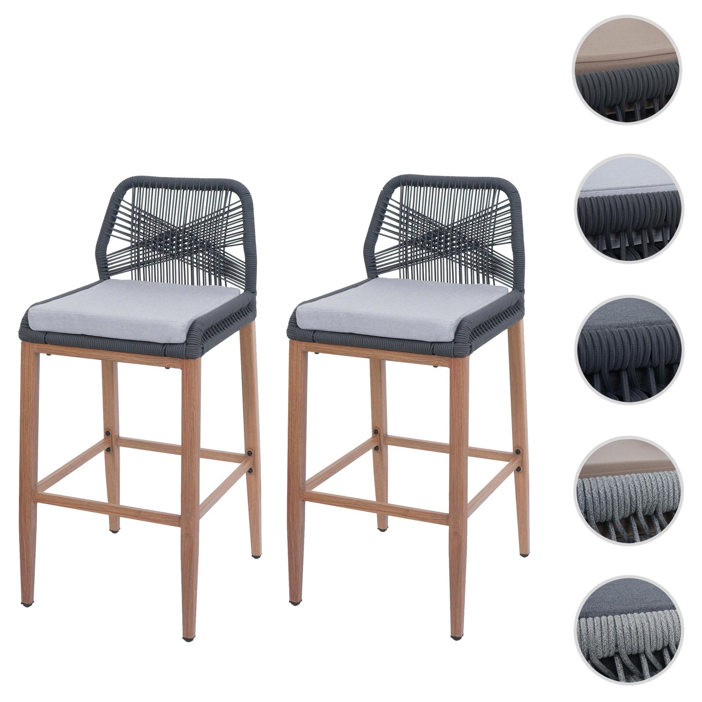 Cosmo Casa - Set van 2 Touw Barkrukken - Buitenzitkussens - Touwgaas - Metaal Houtlook - Antraciet - Lichtgrijze Kussens