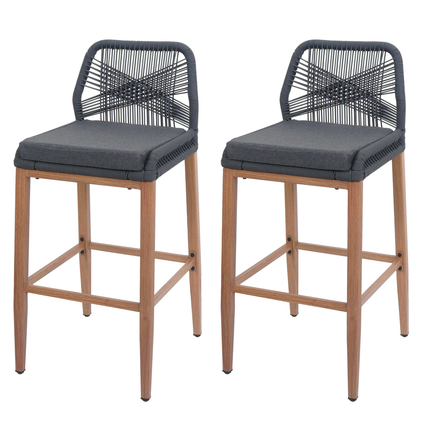 Cosmo Casa - Set van 2 Touw Barkrukken - Buitenzitkussens - Touwgaas - Metaal Houtlook - Antraciet - Donkergrijze Kussens