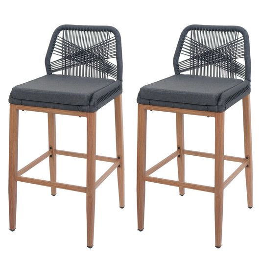Cosmo Casa - Set van 2 Touw Barkrukken - Buitenzitkussens - Touwgaas - Metaal Houtlook - Antraciet - Donkergrijze Kussens