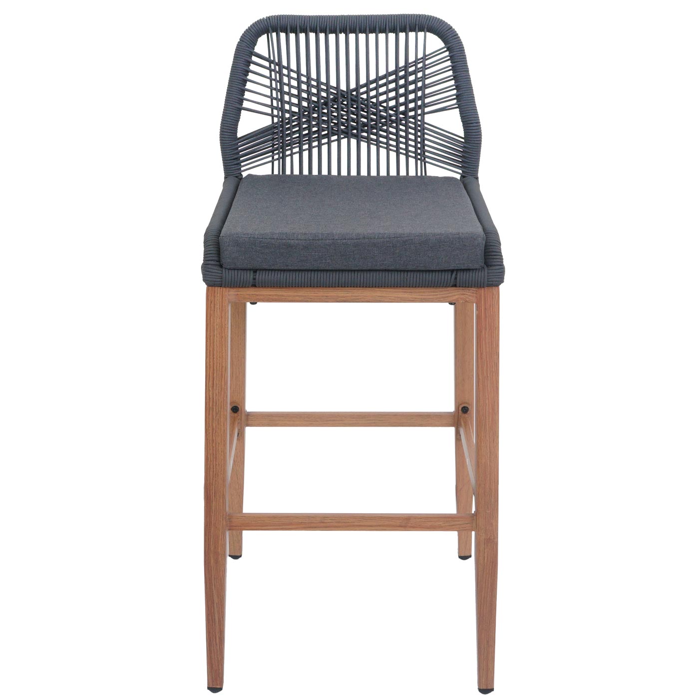 Cosmo Casa - Set van 2 Touw Barkrukken - Buitenzitkussens - Touwgaas - Metaal Houtlook - Antraciet - Donkergrijze Kussens