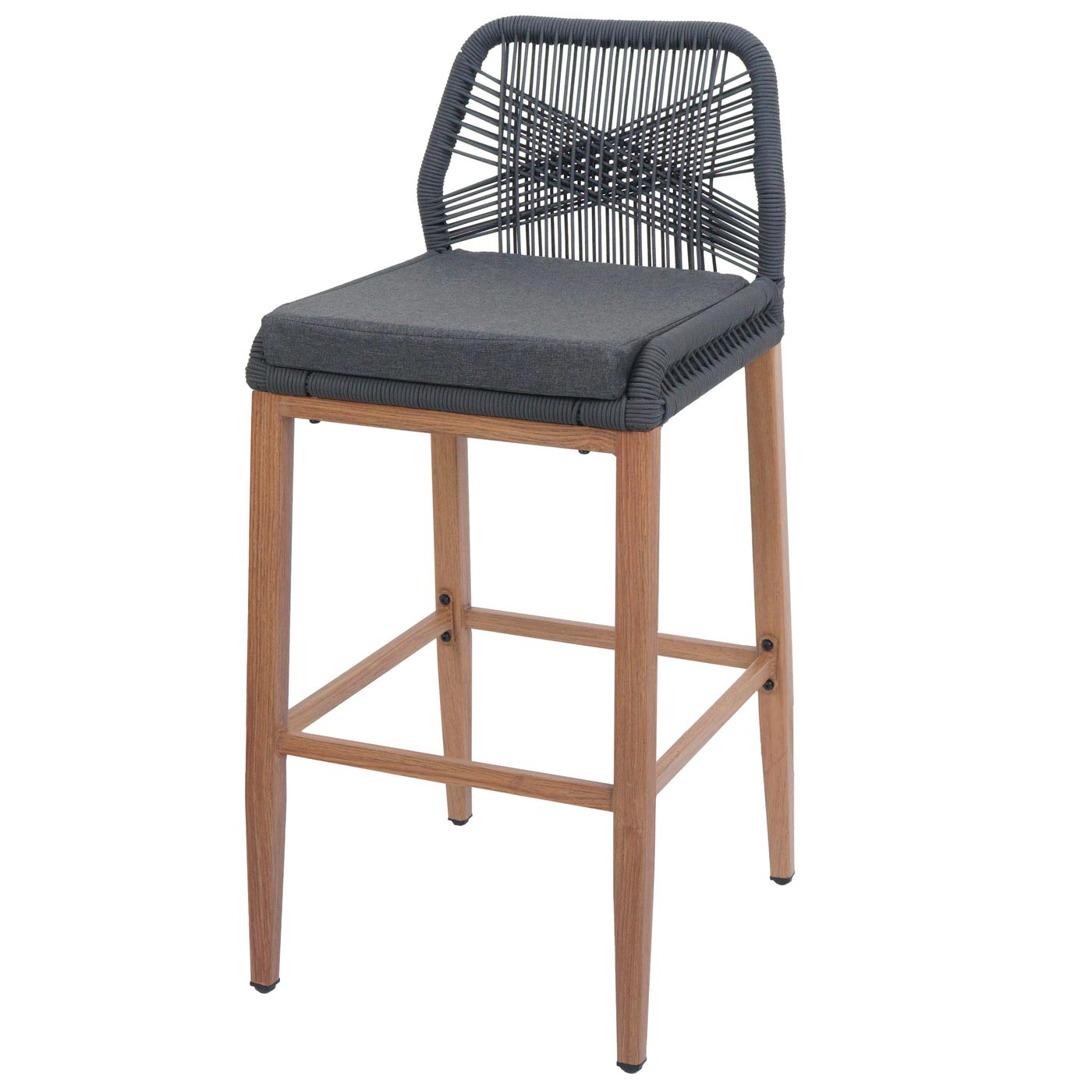 Cosmo Casa - Set van 2 Touw Barkrukken - Buitenzitkussens - Touwgaas - Metaal Houtlook - Antraciet - Donkergrijze Kussens