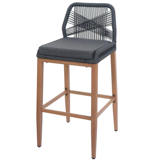 Cosmo Casa - Set van 2 Touw Barkrukken - Buitenzitkussens - Touwgaas - Metaal Houtlook - Antraciet - Donkergrijze Kussens