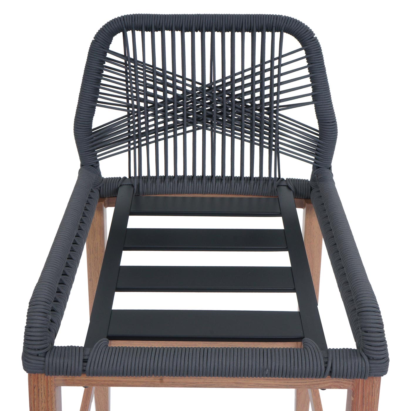 Cosmo Casa - Set van 2 Touw Barkrukken - Buitenzitkussens - Touwgaas - Metaal Houtlook - Antraciet - Donkergrijze Kussens