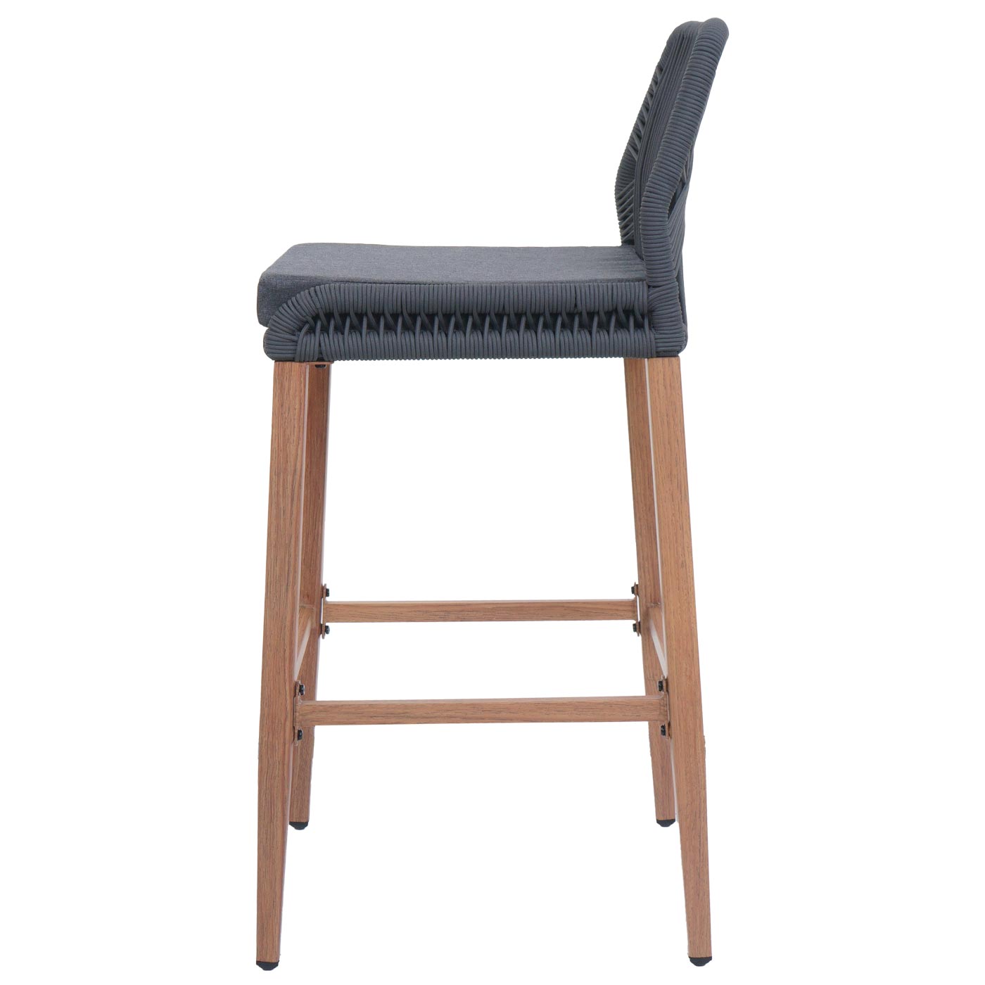 Cosmo Casa - Set van 2 Touw Barkrukken - Buitenzitkussens - Touwgaas - Metaal Houtlook - Antraciet - Donkergrijze Kussens