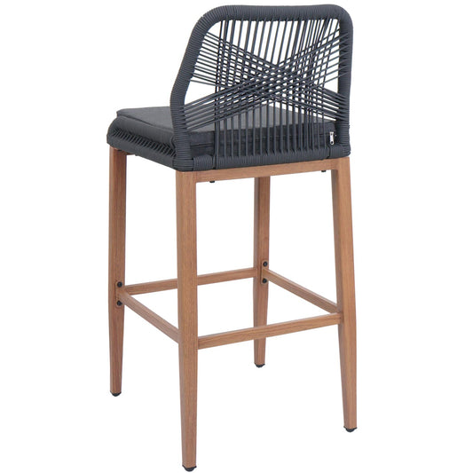 Cosmo Casa - Set van 2 Touw Barkrukken - Buitenzitkussens - Touwgaas - Metaal Houtlook - Antraciet - Donkergrijze Kussens