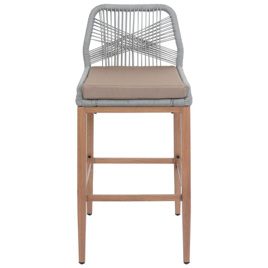 Cosmo Casa - Set van 2 Touw Barkrukken - Buitenzitkussens - Touwgaas - Metaal Houtlook - Lichtgrijs - Taupe Kussens